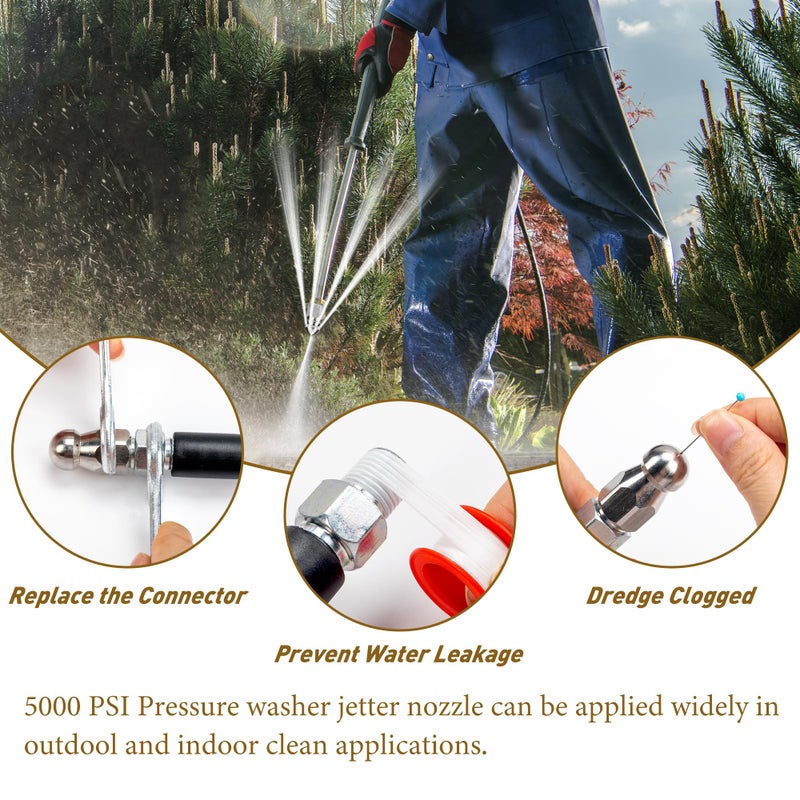 Qoroos 10pcs Sewer Jetter Nozzle Kit Stainless Steel Jetter Heads Kit for Pressure Washer, 1/4" & 3/8" NPT Quick Connectors Drain Cleaning Nozzle Tips with 5 Needles up to 5000 PSI - Image 5