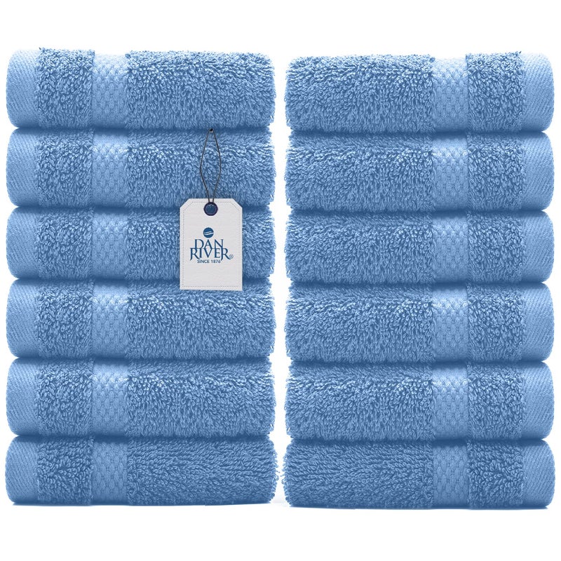 DAN RIVER Premium Wash Cloths for Your Face 100 Cotton Washcloths 12 Pack 550 GSM Highly Absorbent Face Towels for Body Showering Bathroom 12x12 in Medium Blue