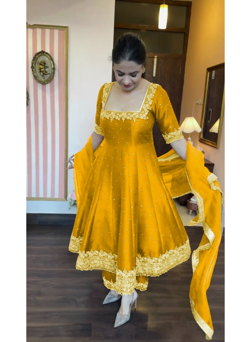 Super Asian Designer Anarkali Gown Set with Palazzo & Dupatta – Premium Embroidery & Fancy Lace Work - Image 1