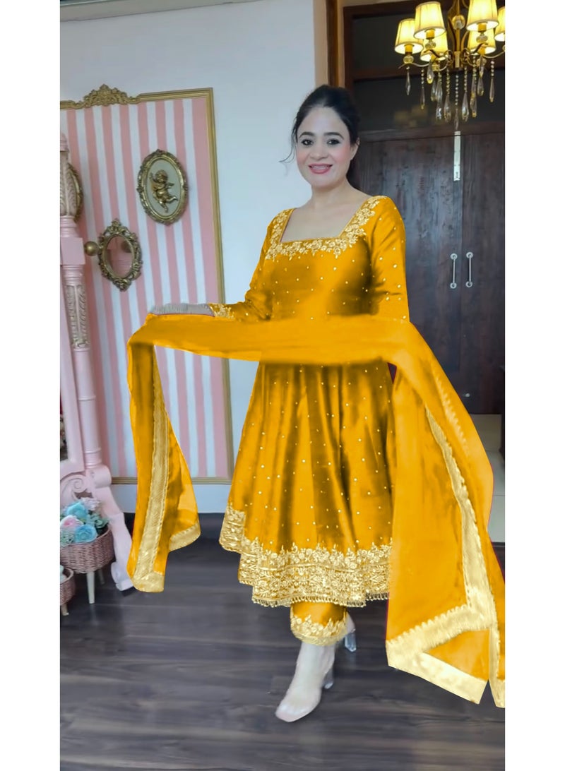 Super Asian Designer Anarkali Gown Set with Palazzo & Dupatta – Premium Embroidery & Fancy Lace Work - Image 4