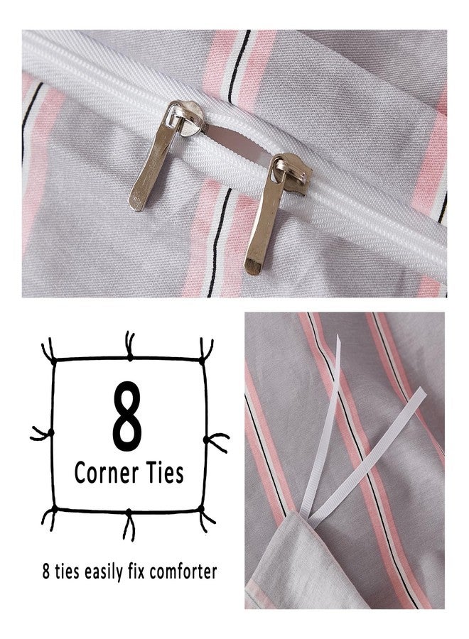 Merryword 100% Cotton Duvet Cover Set Queen Size - Gray and Pink Striped Bedding Set with Zipper & Corner Ties, 3-Piece Luxury Linen Like Bedding Set for All Seasons - Image 5