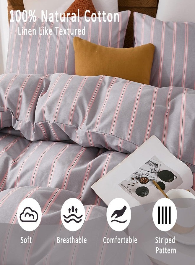 Merryword 100% Cotton Duvet Cover Set Queen Size - Gray and Pink Striped Bedding Set with Zipper & Corner Ties, 3-Piece Luxury Linen Like Bedding Set for All Seasons - Image 4