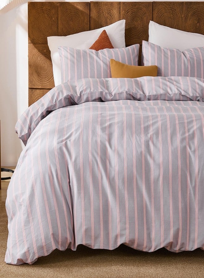 Merryword 100% Cotton Duvet Cover Set Queen Size - Gray and Pink Striped Bedding Set with Zipper & Corner Ties, 3-Piece Luxury Linen Like Bedding Set for All Seasons - Image 1