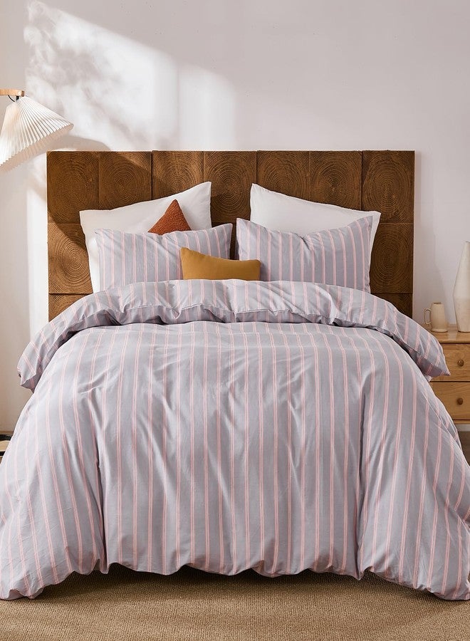 Merryword 100% Cotton Duvet Cover Set Queen Size - Gray and Pink Striped Bedding Set with Zipper & Corner Ties, 3-Piece Luxury Linen Like Bedding Set for All Seasons - Image 2