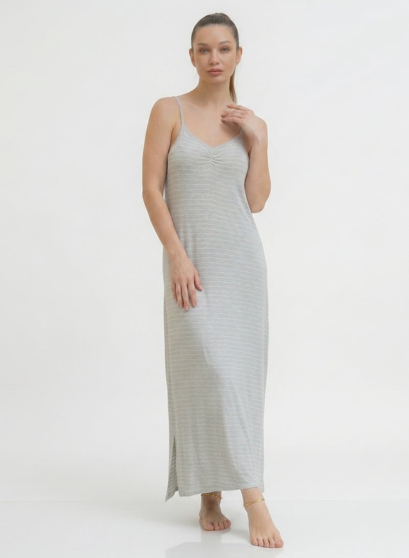 KITTY Women's Maxi Home Wear, Grey Striped, V-Neck with Ruched Detail, Spaghetti Strap, Side Slit - Image 1