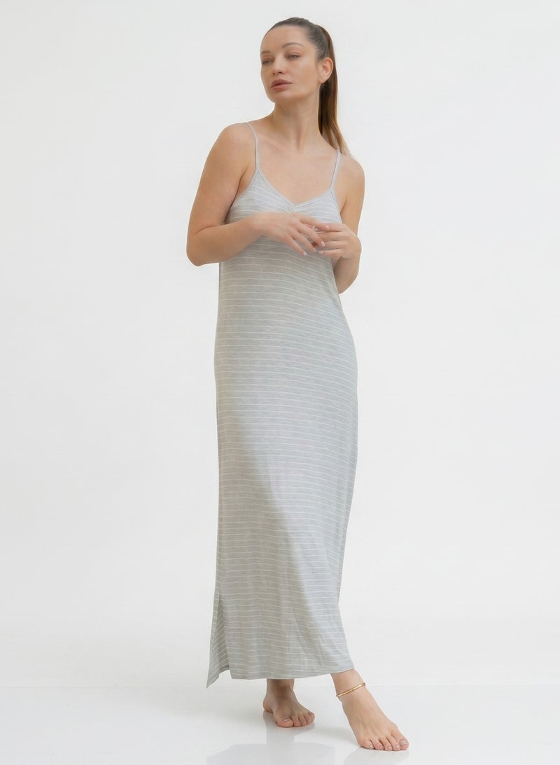 KITTY Women's Maxi Home Wear, Grey Striped, V-Neck with Ruched Detail, Spaghetti Strap, Side Slit - Image 2