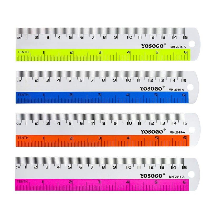 6 Inch / 15 cm Assorted Color Aluminum Ruler in Inch and CM Scale with Hanging Hole | Pack of 6