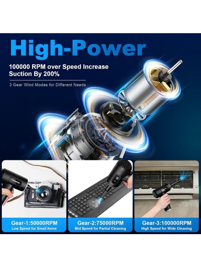 Compressed Air Duster-3 Gear Adjustable 100000RPM Electric Air Duster with LED Light, Rechargeable Cordless Air Blower for Keyboard Electric Devices Cleaning. Replaces Compressed Air Cans (Black) - Image 4