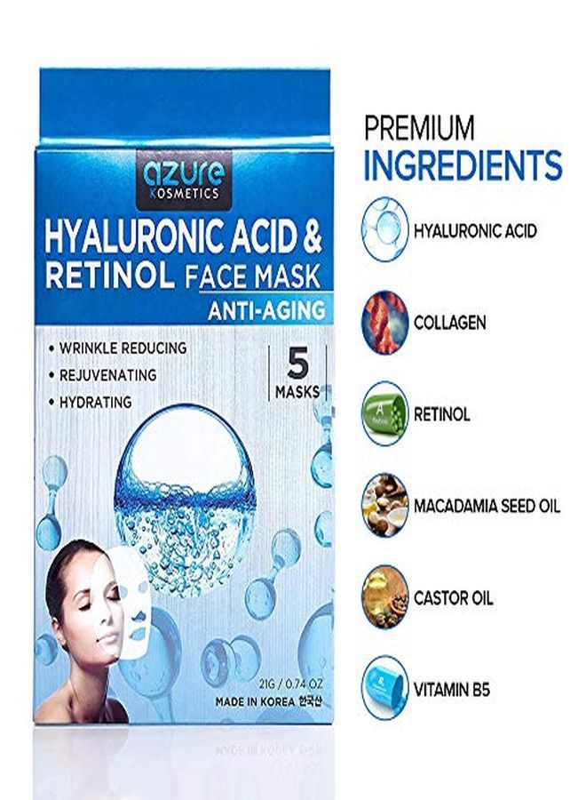 Azure Cosmetics Azure Hyaluronic Acid & Retinol Anti Aging Facial Sheet Mask Hydrating, Toning & Rejuvenating | Helps Reduce Fine Lines & Wrinkles | Smooths & Repairs Elasticity | Made In Korea 5 Pack - Image 2
