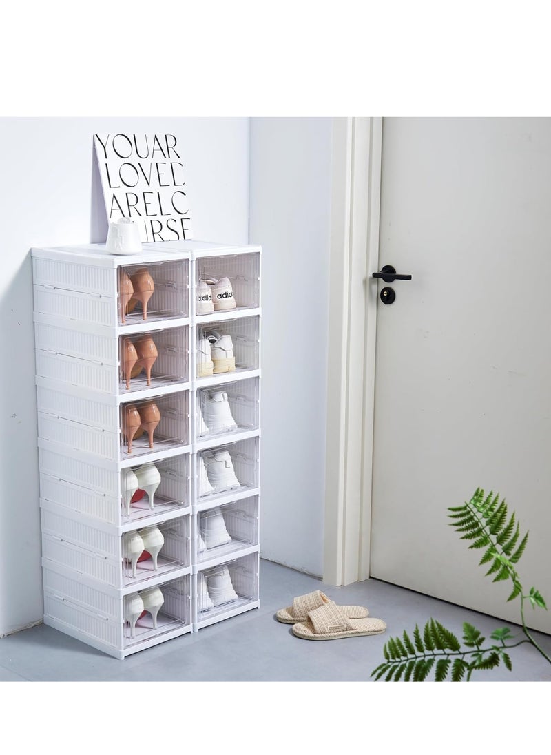 6 Layers Shoe Storage Box Collapsible Shoe Rack, Foldable Closet Organizer with Lids, Clear Plastic Stackable Sneaker Display Container