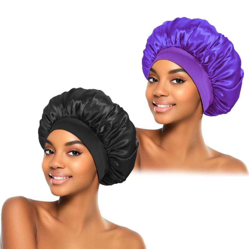 2Pcs Silk Bonnet for Sleeping Satin Hair Bonnets Soft Elastic Band Silk Sleep Cap Hair Wrap for WomenBlack Purple