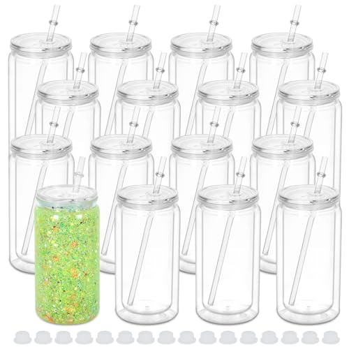 Micellwuu 16 oz Plastic Snow Globe Tumbler 16 Pack Double Wall Snowglobe Tumbler with Pre Drilled Hole Plastic Mason Jar Cups Can for Snow Globe Glitter DIY Clear - Image 1