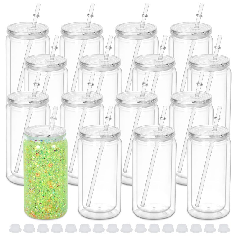 Micellwuu 16 oz Plastic Snow Globe Tumbler 16 Pack Double Wall Snowglobe Tumbler with Pre Drilled Hole Plastic Mason Jar Cups Can for Snow Globe Glitter DIY Clear - Image 2