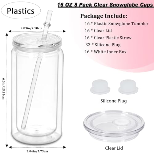 Micellwuu 16 oz Plastic Snow Globe Tumbler 16 Pack Double Wall Snowglobe Tumbler with Pre Drilled Hole Plastic Mason Jar Cups Can for Snow Globe Glitter DIY Clear - Image 3