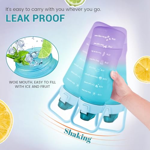 House Of Quirk 3 Pc Sticker Water Bottle With Straw, Sports Water Bottles With Handle, Leak Proof Drinks Bottle Bpa Free (Blue/Purple, 2Litre+900Ml+280Ml) - Plastic - Image 2
