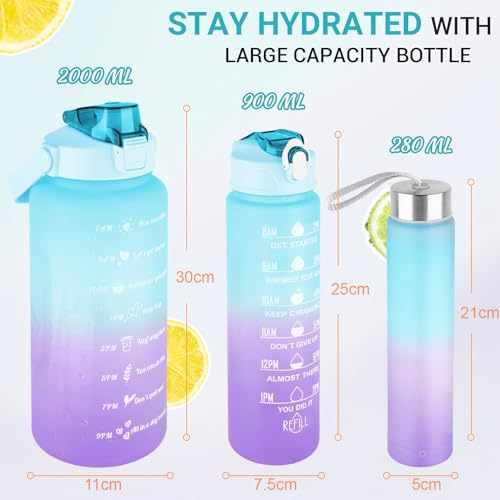 House Of Quirk 3 Pc Sticker Water Bottle With Straw, Sports Water Bottles With Handle, Leak Proof Drinks Bottle Bpa Free (Blue/Purple, 2Litre+900Ml+280Ml) - Plastic - Image 4