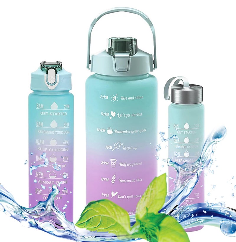 House Of Quirk 3 Pc Sticker Water Bottle With Straw, Sports Water Bottles With Handle, Leak Proof Drinks Bottle Bpa Free (Blue/Purple, 2Litre+900Ml+280Ml) - Plastic - Image 1