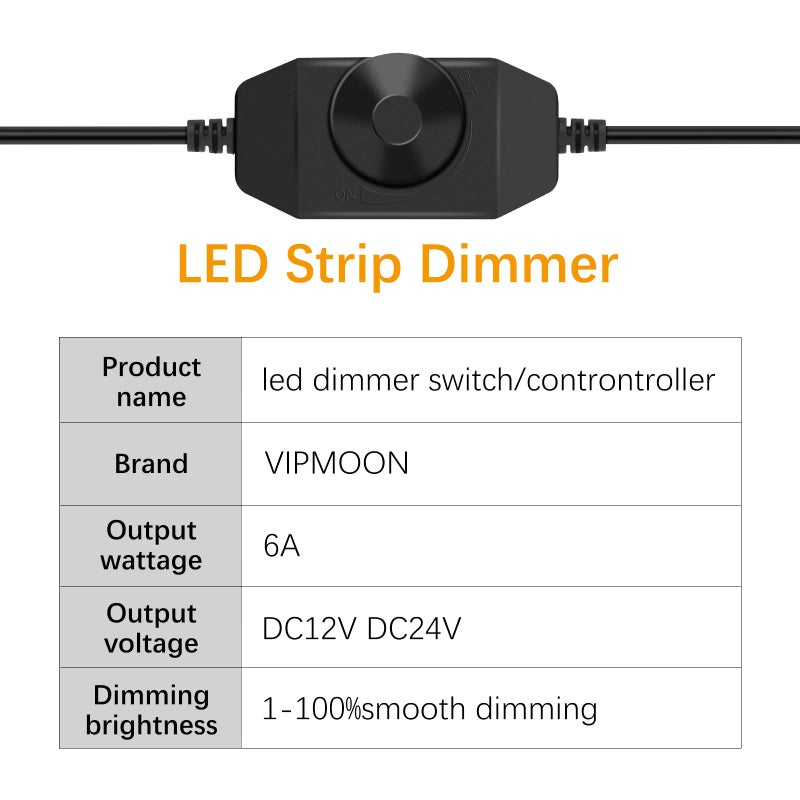 VIPMOON 3pcs LED Strip Lights Dimmer, DC 12V-24V 6A Rotary Dimmer Switch Controller for 5630 3528 5050 LED Strip Light Single Color - Image 4