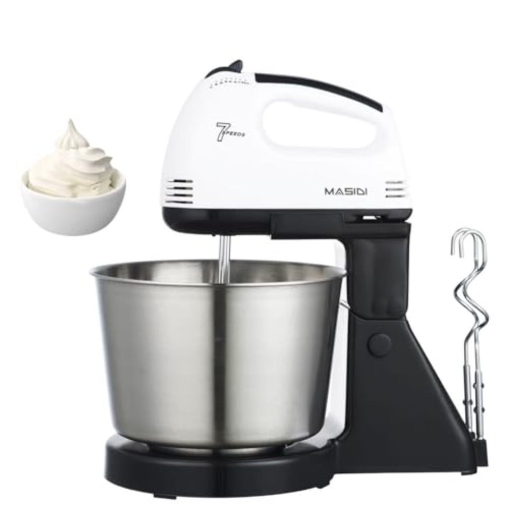 Home Electric Whisk Stand Mixer with Bucket Butter Maker Tabletop Handheld Convertible Mixer 2 Beaters + 2 Dough Hooks Kitchen Baking Tools