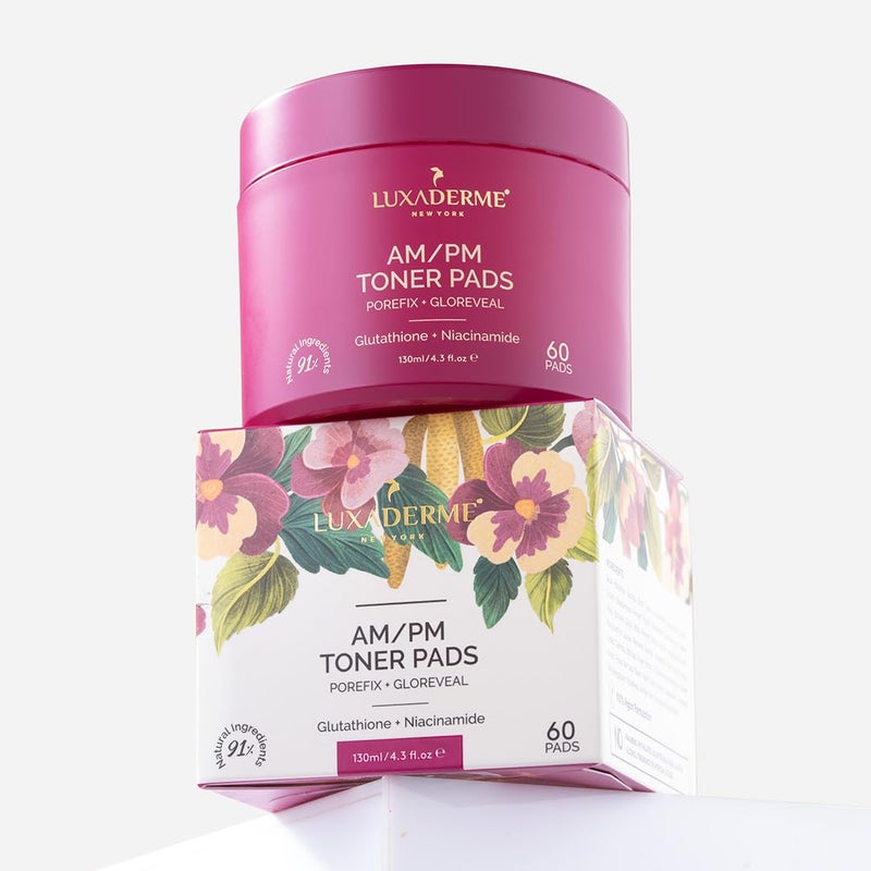 LuxaDerme LuxaDerme Korean AMPM Toner Pads Remove Impurities Tighten Pores Even tone Hyrdated Skin Achieve Korean Glass Skin Glow 91 Natural Ingredients with Niacinamide Gluathione Astaxanthin 60 Pads  - Image 1