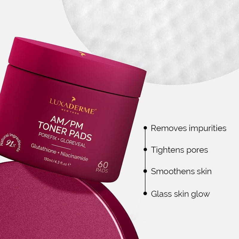 LuxaDerme LuxaDerme Korean AMPM Toner Pads Remove Impurities Tighten Pores Even tone Hyrdated Skin Achieve Korean Glass Skin Glow 91 Natural Ingredients with Niacinamide Gluathione Astaxanthin 60 Pads  - Image 3