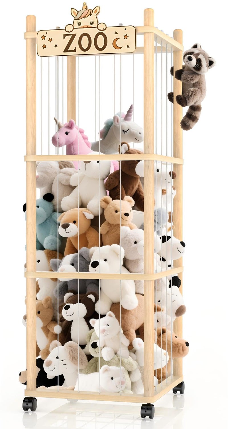 Vecxoty Stuffed Animal Storage Zoo Tower56In Wooden Large Stuffed Animal Holder Organizer with WheelsStuffy Plushies Storage with Elastic BandMesh BottomToy Storage Organizers for Playroom Bedroom Nursery - Image 2