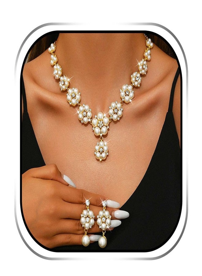 EVILD Pearl Jewelry Sets Gold Flower Necklace and Earring Set for Women - Image 1