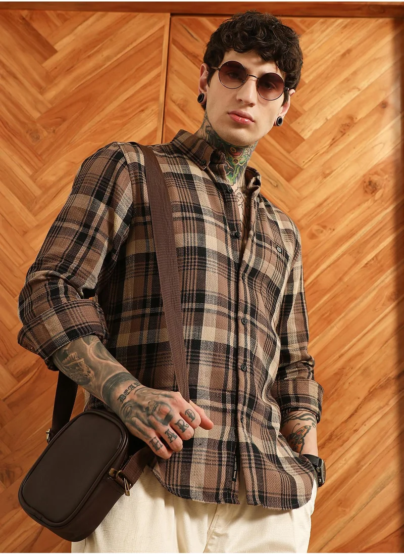 Campus Sutra Men's Brown Plaid Cotton Tailored Fit Shirt