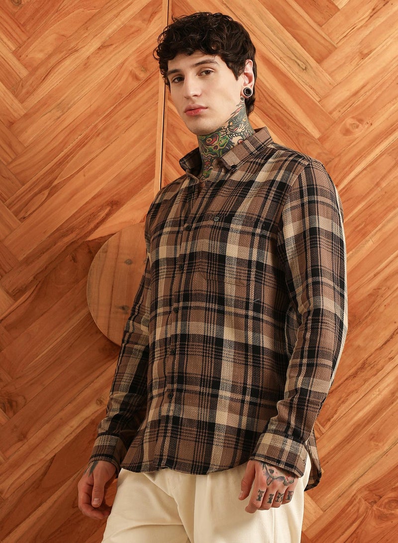 Campus Sutra Men's Brown Plaid Cotton Tailored Fit Shirt  - Image 3