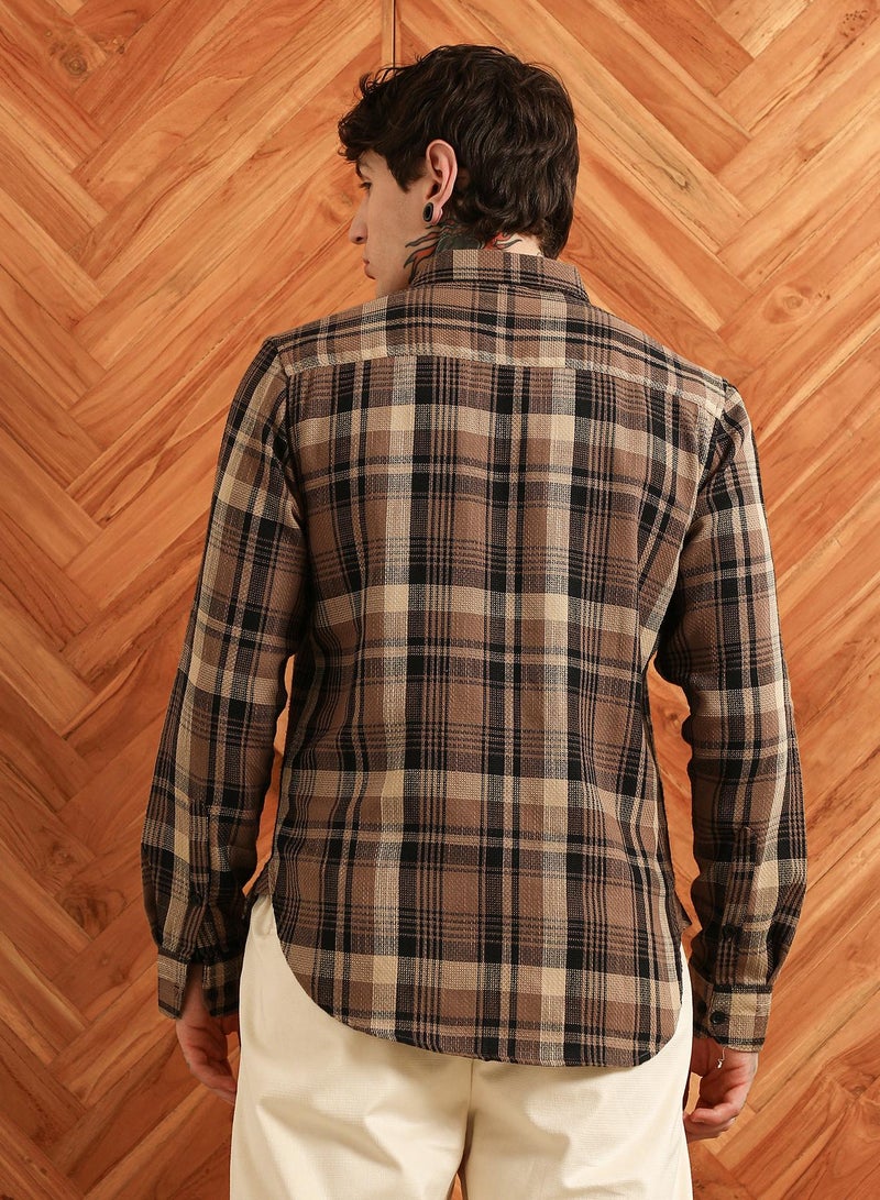 Campus Sutra Men's Brown Plaid Cotton Tailored Fit Shirt  - Image 5