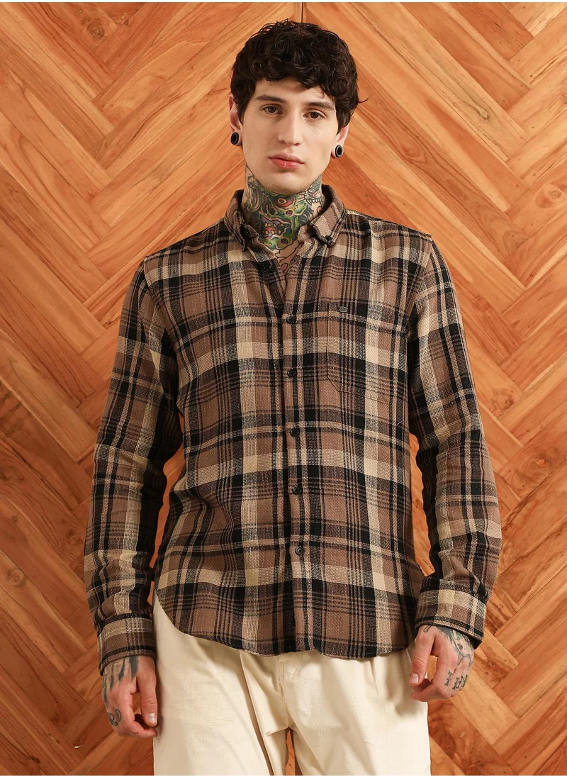 Campus Sutra Men's Brown Plaid Cotton Tailored Fit Shirt
