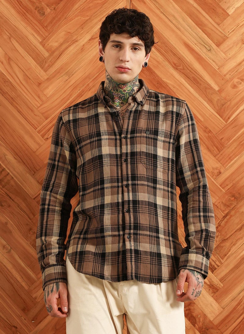 Campus Sutra Men's Brown Plaid Cotton Tailored Fit Shirt  - Image 2