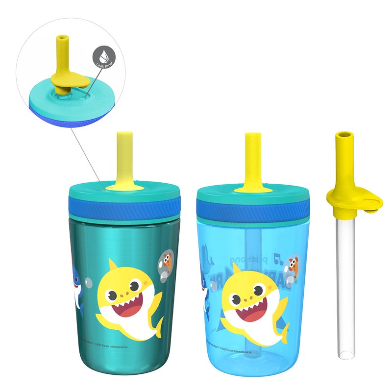 Zak Designs Baby Shark Kelso Tumbler Set, Leak-Proof Screw-On Lid with Straw, Bundle for Kids Includes Plastic and Stainless Steel Cups with Bonus Sipper (3pc Set, Non-BPA) - Image 1