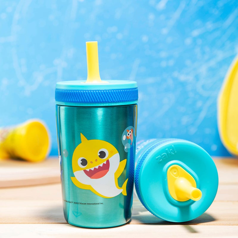 Zak Designs Baby Shark Kelso Tumbler Set, Leak-Proof Screw-On Lid with Straw, Bundle for Kids Includes Plastic and Stainless Steel Cups with Bonus Sipper (3pc Set, Non-BPA) - Image 3