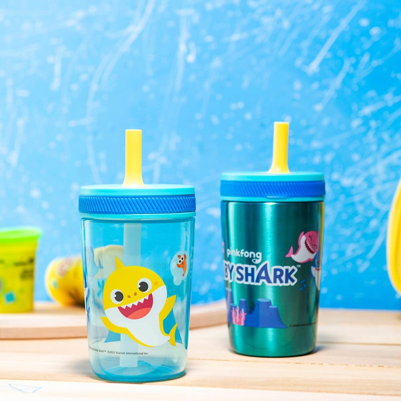 Zak Designs Baby Shark Kelso Tumbler Set, Leak-Proof Screw-On Lid with Straw, Bundle for Kids Includes Plastic and Stainless Steel Cups with Bonus Sipper (3pc Set, Non-BPA) - Image 2