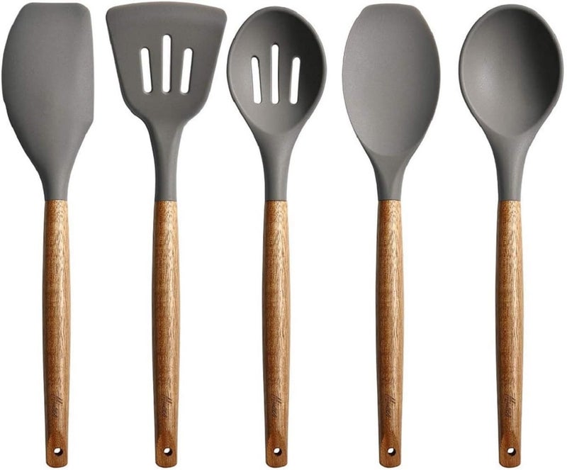ZUNBELLA 5 Pcs Grey Silicone Spatula Set for Kitchen with Wooden Handle NonStick Silicon Cooking Utensils Set Perfect for Cooking Baking Mixing Flexible Heat Resistant BPAFree - Image 1
