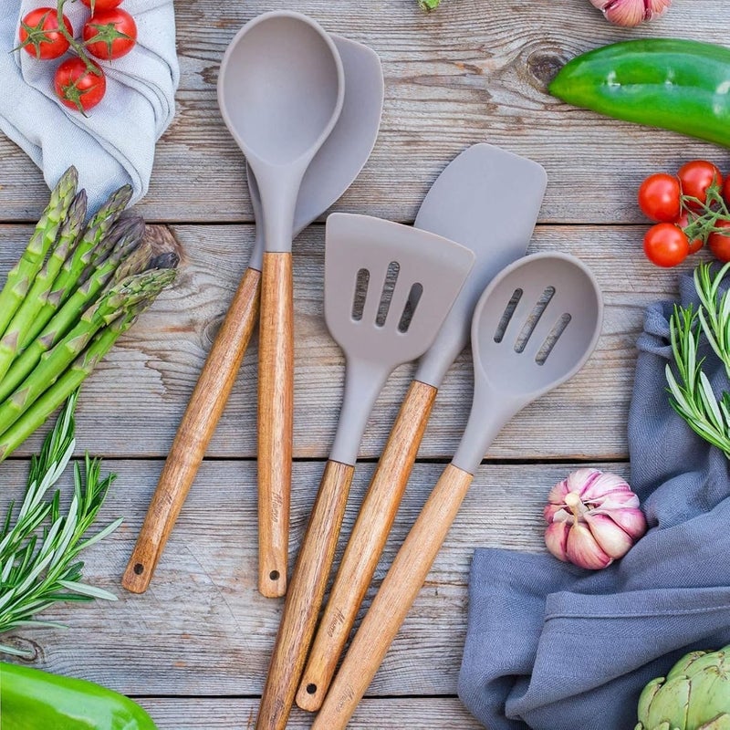 ZUNBELLA 5 Pcs Grey Silicone Spatula Set for Kitchen with Wooden Handle NonStick Silicon Cooking Utensils Set Perfect for Cooking Baking Mixing Flexible Heat Resistant BPAFree - Image 2