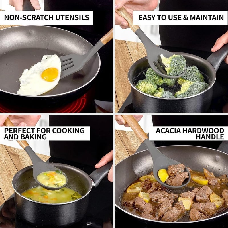 ZUNBELLA 5 Pcs Grey Silicone Spatula Set for Kitchen with Wooden Handle NonStick Silicon Cooking Utensils Set Perfect for Cooking Baking Mixing Flexible Heat Resistant BPAFree - Image 5