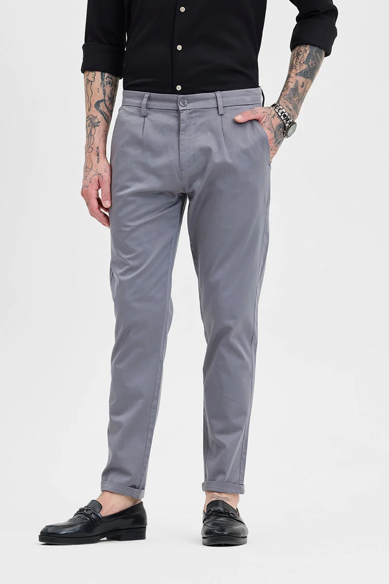 SNITCH Grey Slim Fit Pleated Trousers