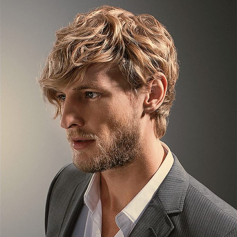 Tseses Curly Blonde Short Wigs for Men Fluffy Natural Layered Synthetic Blonde Wig Halloween Cosplay Hair Wig for Male Guy Blonde
