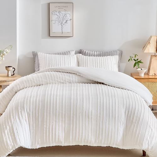 WARMDERN White Boho Duvet Cover Set King Size Striped Textured Duvet Cover Tufted Bedding Set 3 Pcs Ultra Soft Washed Microfiber Duvet Cover with Zipper Closure King White