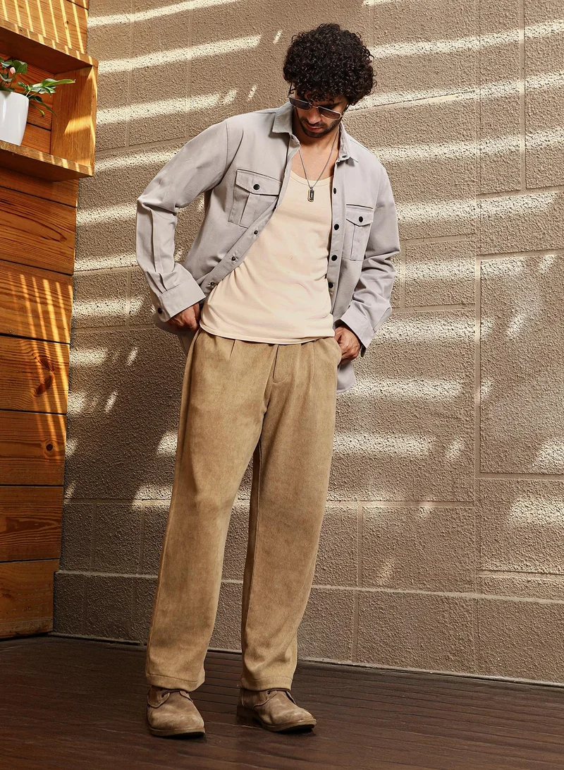 Campus Sutra Men's Ecru Beige Safari-Utility Relaxed Shirt