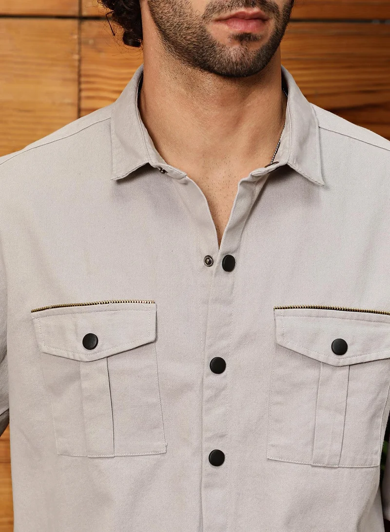Campus Sutra Men's Ecru Beige Safari-Utility Relaxed Shirt