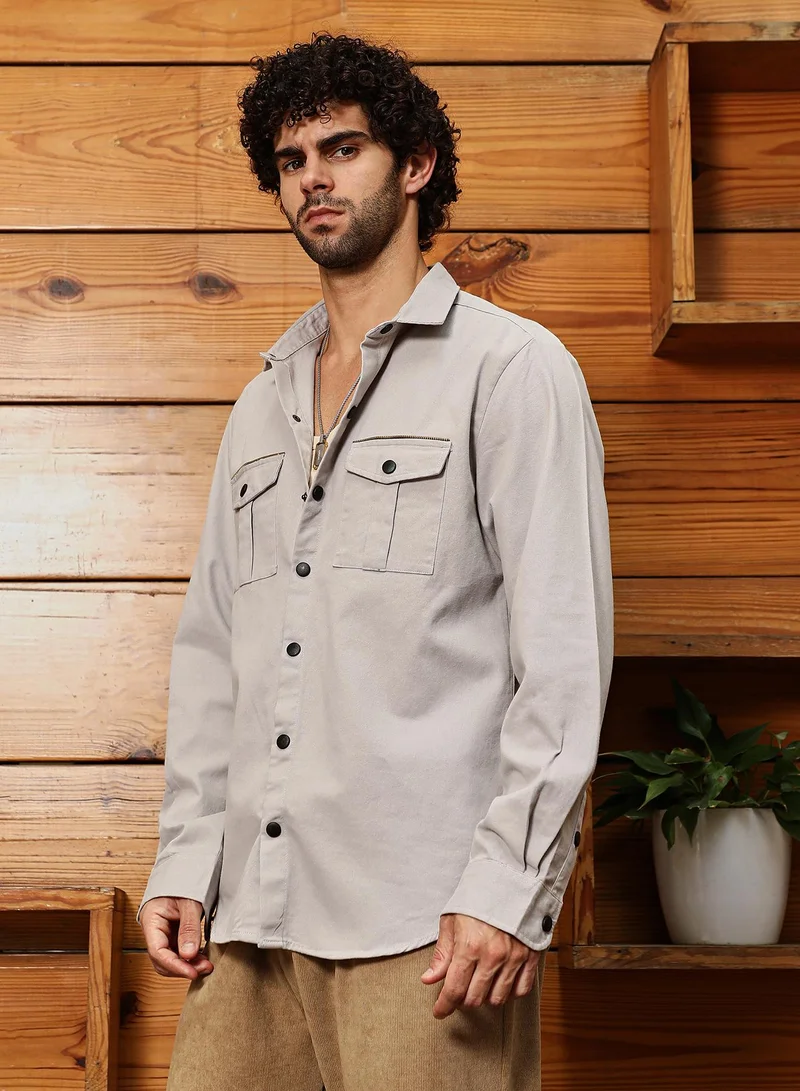 Campus Sutra Men's Ecru Beige Safari-Utility Relaxed Shirt