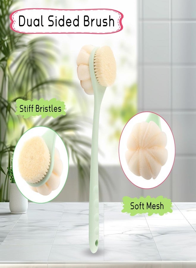 BOSMIOW 2-Pack Green Double Sided Bath Brush with Soft Bristles and Loofah,Long Handle Back Scrubber,Exfoliating Back Shower Brush for Women and Men - Image 3