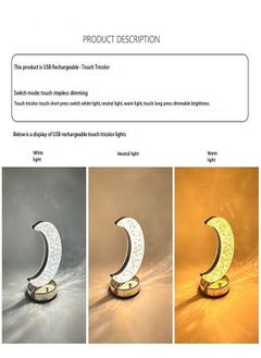 fashionhome Touch Control 3 Colors Crescent Shape Rechargeable Table Lamp with Metal Base Small Decorative Acrylic Night Light Crystal Table Lamp for Party Living Room Bedroom  - Image 3