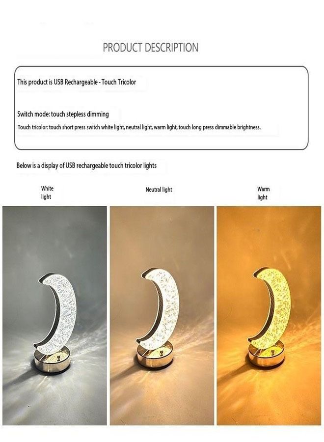 fashionhome Touch Control 3 Colors Crescent Shape Rechargeable Table Lamp with Metal Base Small Decorative Acrylic Night Light Crystal Table Lamp for Party Living Room Bedroom  - Image 3