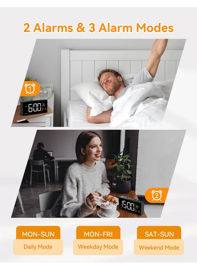 Netzu Alarm Clocks For Bedrooms, Digital Alarm Clock With Date Temperature And Weekday, Manual Dst, Snooze, 2 Alarms, 4 Volumes Bedside Desk Clock For Living Room Home (Black)  - Image 3