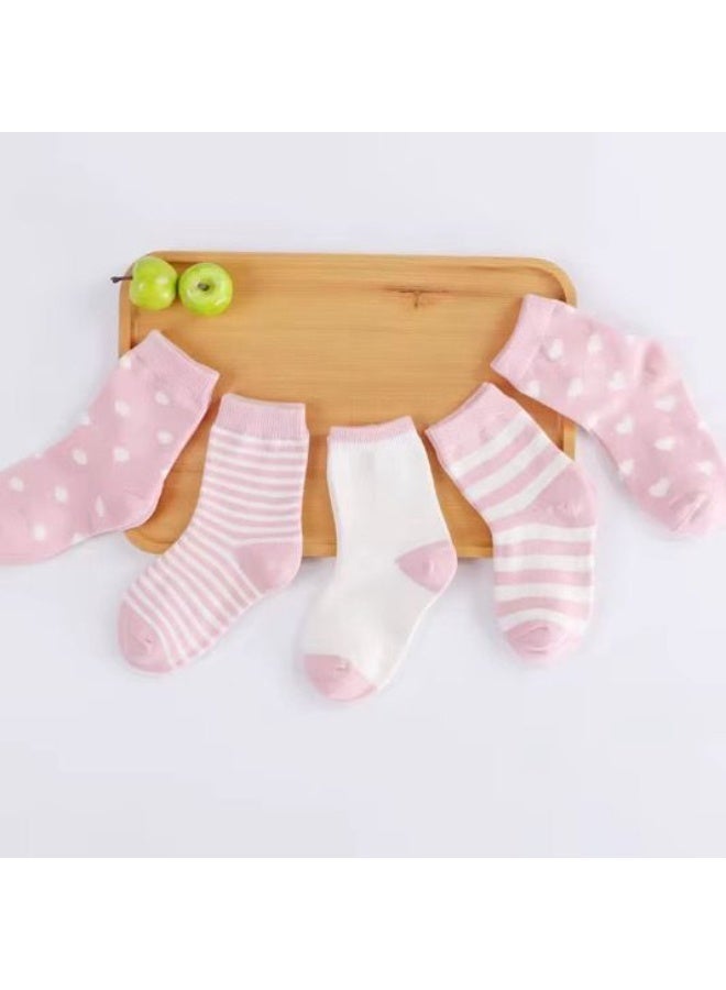 Lion Llama Kids Crew Socks | 5 Pairs | Girls Cotton Socks with Polka Dots | Stripes & Solid Patterns | Pink & White | Soft Breathable Toddler Socks