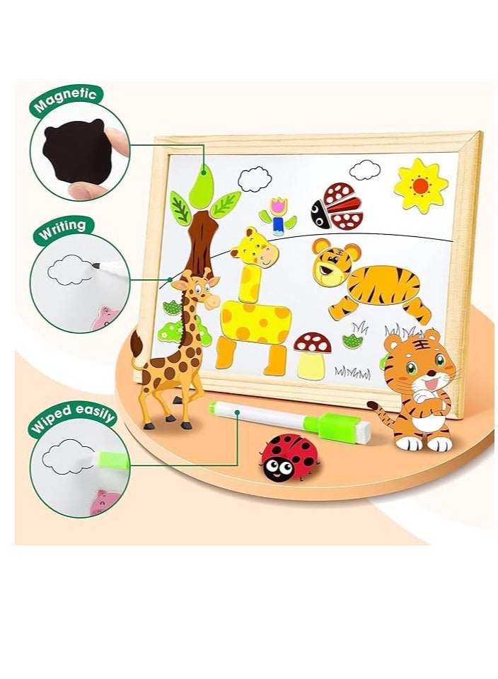 100+ Pieces Magnetic Wooden Jigsaw Animal Jigsaw with Chalkboard Easel Double-Sided Educational Toys for Toddler Children Girl 3+ Years Old Puzzle Fun Educational Toys | shapes may vary - Image 2